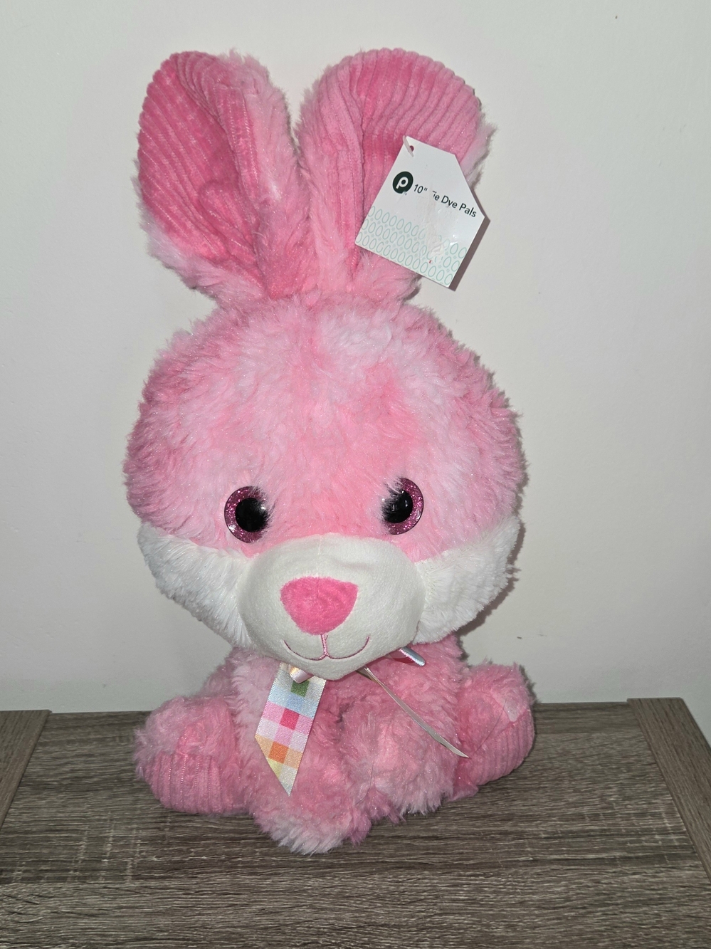 Plush Bunny Stuffed Animal "Tie Dye Pals" Pink Eyes Plaid Ribbon Hug & Luv 10".